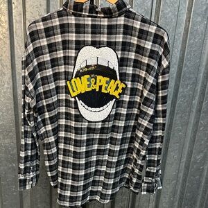 Black & White Plaid Button-Up with Yellow 'LOVE & PEACE' Patch